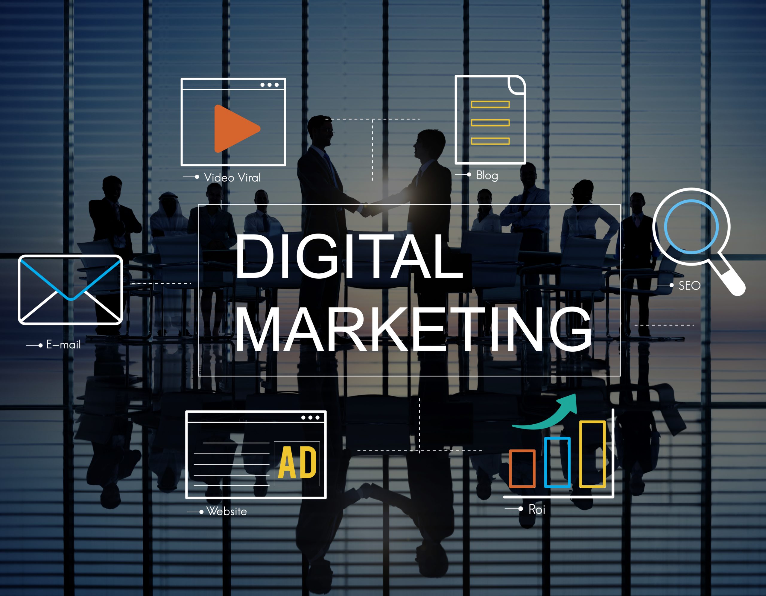 the image is all about the aspects of digital marketing like networking with people through email, YouTube, blogs, SEO, website etc.